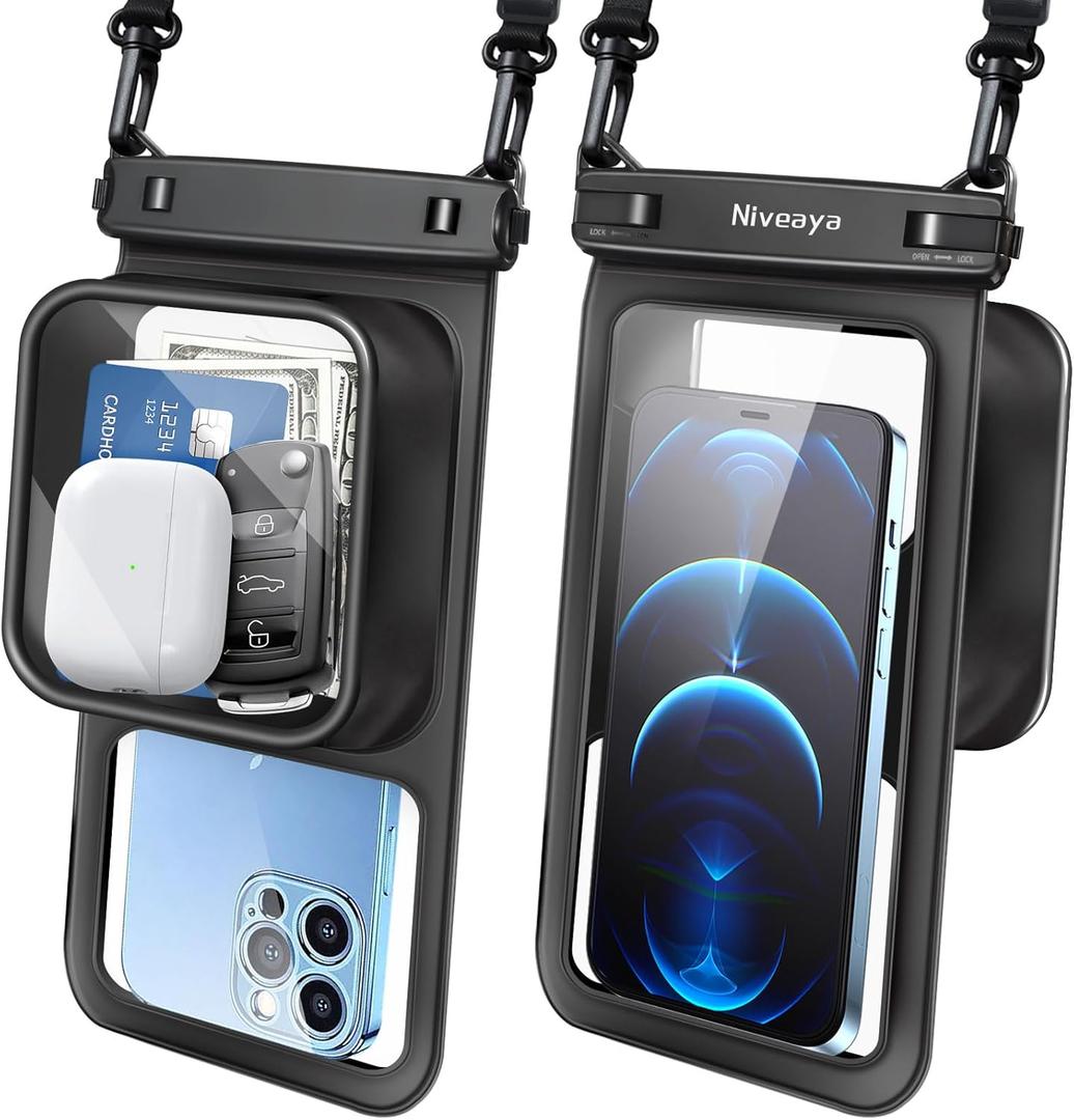 Niveaya [Floatable Floating Waterproof Phone Pouch 2 Pack-Up to 8.5", Large Space Adjustable Neck Lanyard Waterproof Phone Case, Phone Dry Bags for Vacation Beach Pool Kayak Cruise Travel Essentials (Black + Black)
