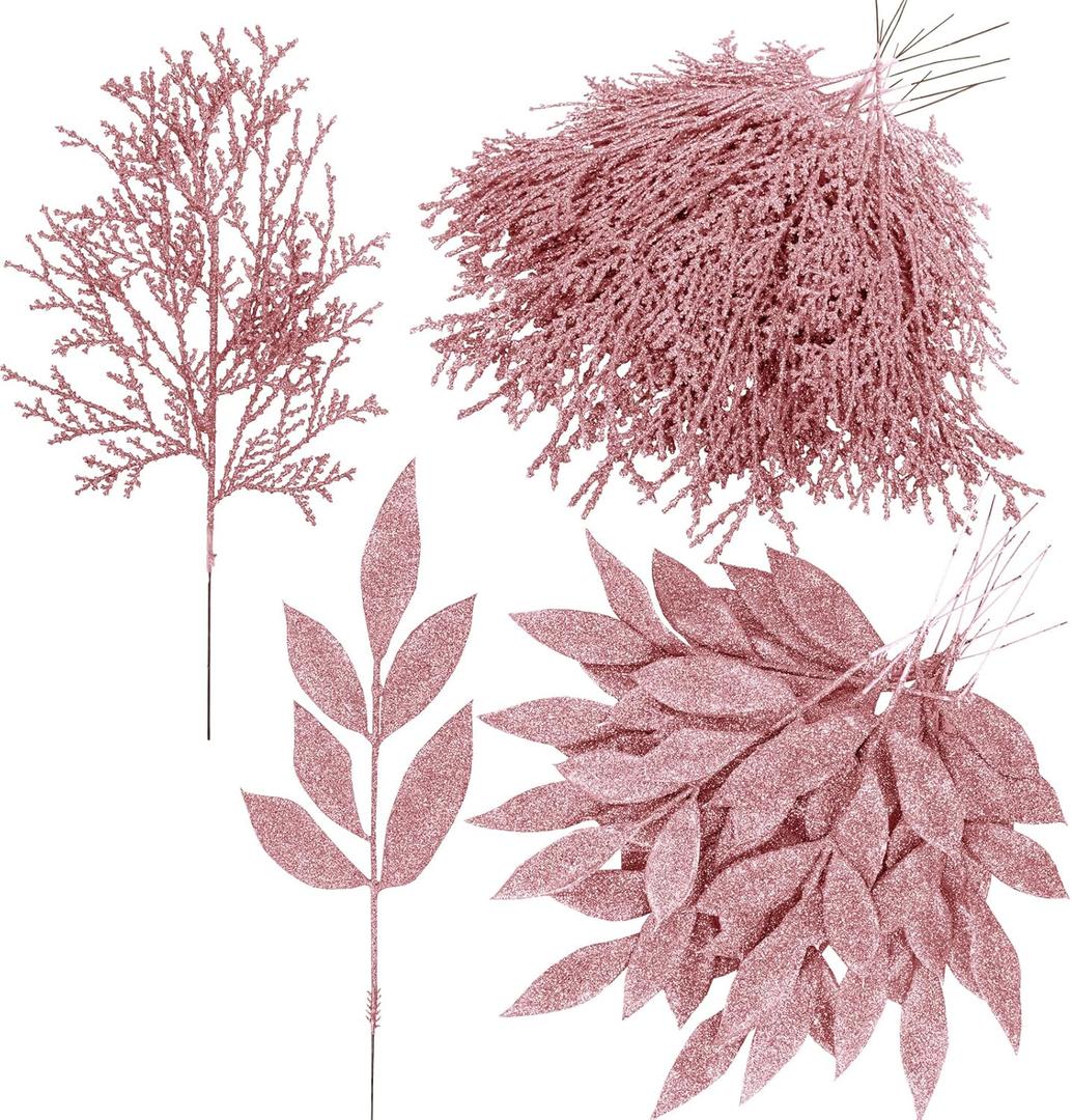 Winlyn 30 Pcs Christmas Artificial Bay Leaf Picks Cedar Sprays Rose Gold Glittered Christmas Tree Ornament Picks Winter Floral Stems for Rose Gold Christmas Tree Seasonal Wreath Wedding Centerpiece