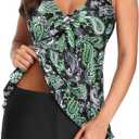 Yonique Women 2 Piece Flowy Tankini Swimsuits with Boyshorts V Neck Swim Tank Tops Bathing Suits Modest Swimwear (X-Large)