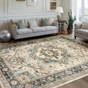 Area Rugs for Living Room 8x10 - Large Machine Washable Vintage Oriental Soft Rugs, Low Pile Thin Floor Carpet with Non Slip Backing for Bedroom, Dorm, Under Dining Room Table, Indoor House, Office (Gray Green/Brick)
