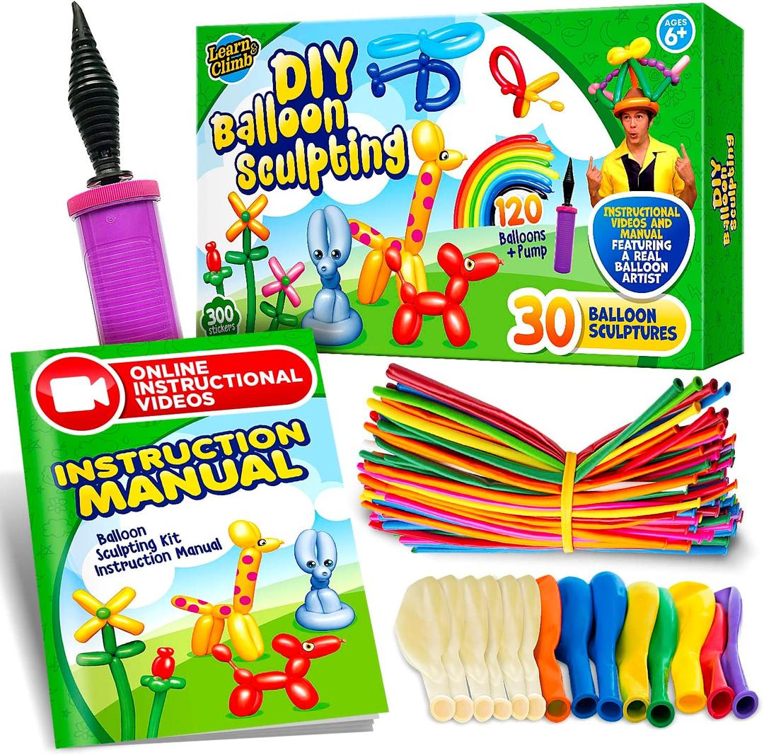 Learn & Climb DIY Balloon Animal Kit for Beginners. Fun Twisting & Modeling Activity for Party. Makes 30+ Sculptures, Pump and Manual Included. Gift for, Teens Boys and Girls. 120 Pieces.