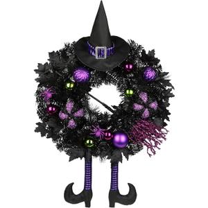 Halloween Wreath for Front Door 26" Tinsel Black Witch Wreath with Hat Legs and Purple Pumpkin for Fall Autumn Indoor Window Door Thanksgiving Halloween Decorations