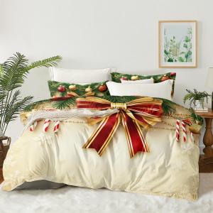 Red Bow Bedding Set King Size,Light Gold Chriatmas Duvet Cover for Girls Women Bedroom Decor,3Piece Soft Microfiber Comforter Cover Set with 2 Pillowcases (Christmas Tree & Bow)