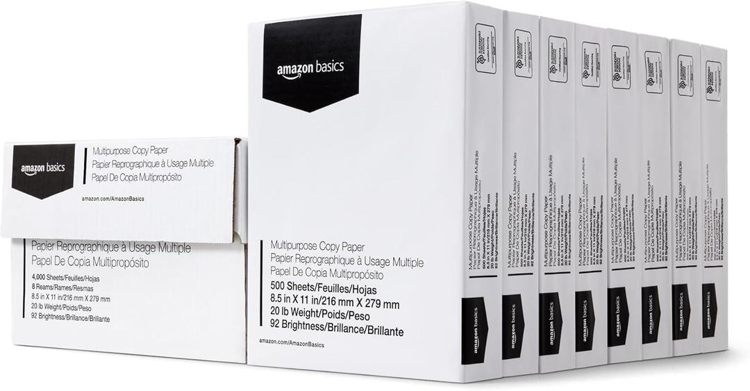Amazon Basics Multipurpose Copy Printer Paper, 20 lb, 8.5 x 11 Inches, 8 Reams (4,000 Sheets), 92 Bright White, Great for Crisp Ink Printing
