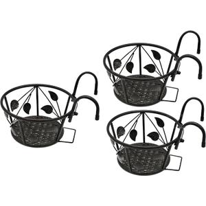 Iron Art Metal Railing Flower Pot Hanging Basket for Indoor Pot Holder Hanger 3 Pack Outdoor Plants Perfect for Porches and Patio Decor Leaf Pattern (Black)