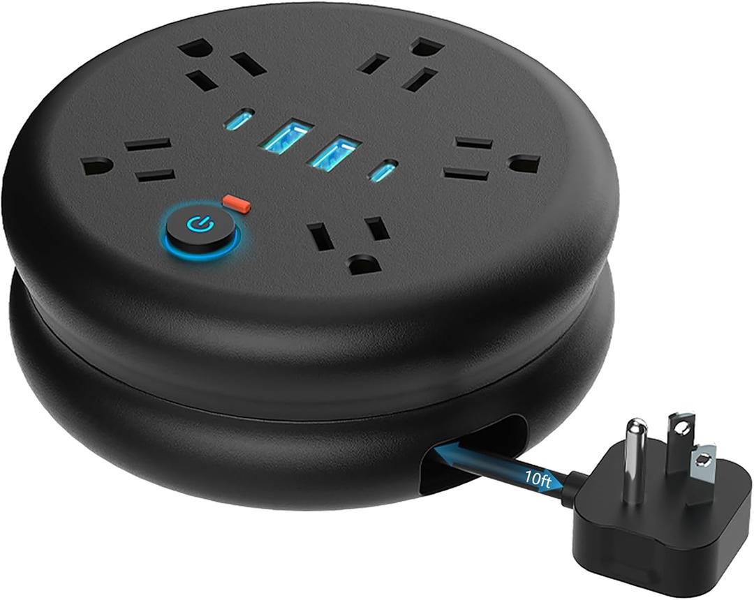 Retractable Travel Power Strip: 10 ft Extension Cord Portable Powerstrip with 5 Outlet 2 Smart USB Port 2 USB C for Travel Cruise Ship Beach Vacation
