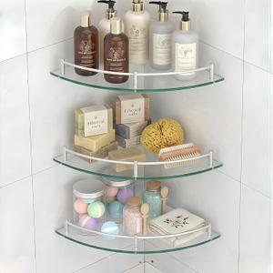 Glass Corner Shelf for Bathroom Corner Shelf, 3 Pack Tempered Glass Shelf with Electroplating Silver Metal RailsSuitable for Bathroom