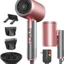 Foldable Portable Ionic Hair Dryer 1600W - Compact Mini Blow Dryer with Diffuser, Concentrator & Comb Nozzle, Intelligent Temperature Control, Low Noise for Home, Salon & Travel (PinkGrey)