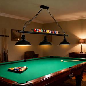 3 Lights Adjustable Pool Table Light for 7'-8' Billiard Tables, Hanging Pool Table Lighting Fixture, Billiard Pendant Lamp with Metal Shades & Billiard Balls Decor, Bulb Not Included
