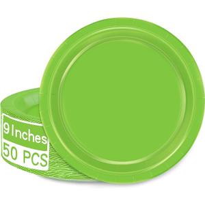 QZYL 50 PCS Disposable Paper Plates, 9 Inches Dinner Paper Plates Set, Green Heavy Duty Tableware, Round Dinnerware for Daily Use Picnic Anniversary Birthday St Patricks Day Party Supplies