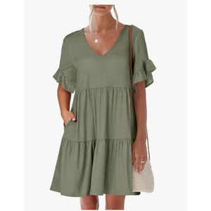 ANRABESS Dresses for Women Summer 2025 V Neck Ruffle Sleeve A Line Tiered Flowy Casual Trendy Mini Beach Dress with Pockets, Size XL