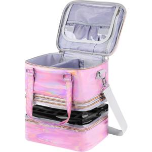 Nail Polish Organizer Case, 3 Layers Removable Nail Polish Storage Bag Holds 60 Bottles and Nail Lamp with Shoulder Strap Portable Holographic PU Leather Nail Kit Storage for Manicure Tools (Pink)