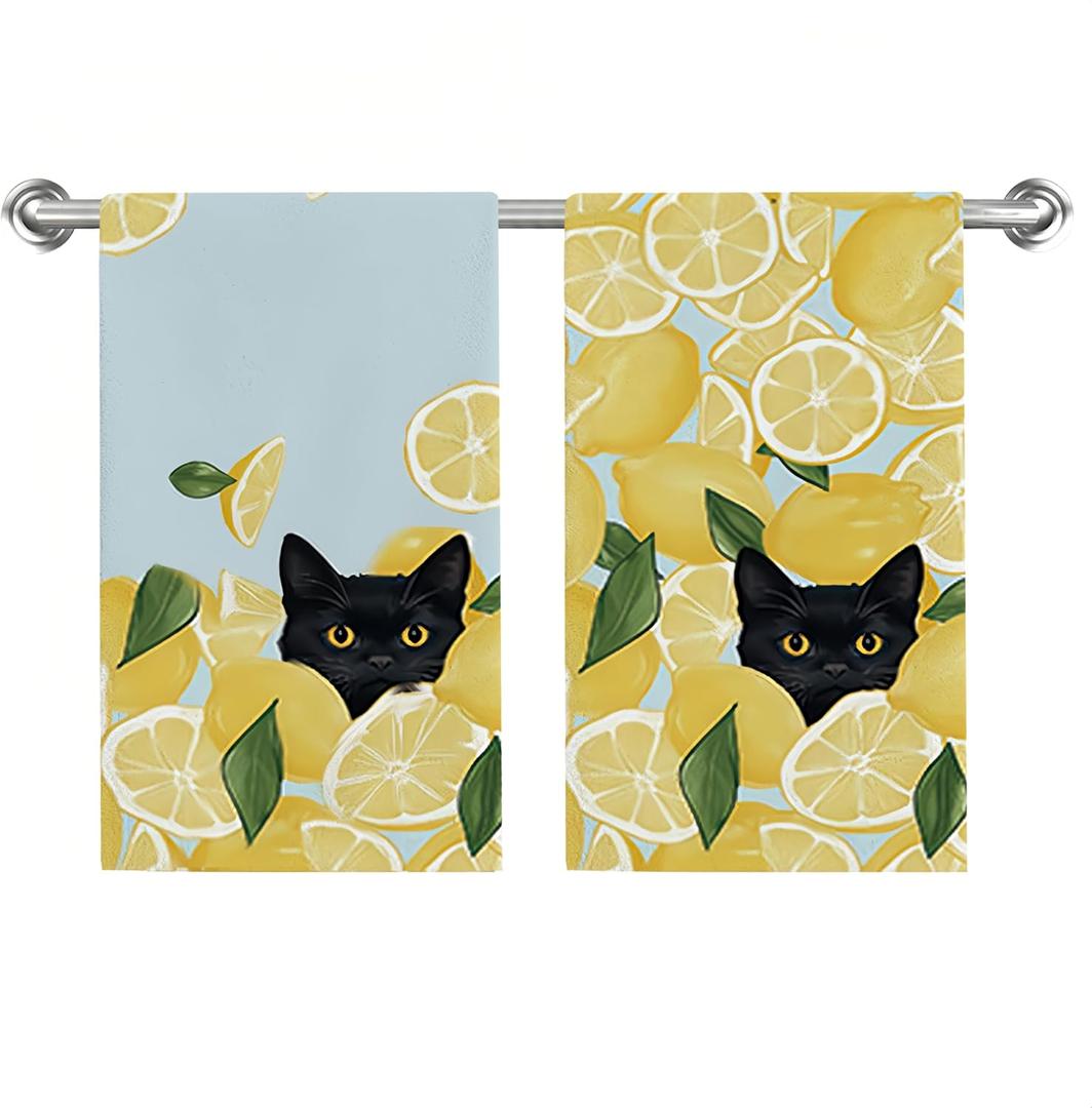 Yellow Lemon Kitchen Towels Dish Towels Set of 2,Black Cat Summer Seasonal Holiday Hand Towels 18x26 Inch Drying Dishcloth,Summer Dish Towels for Kitchen Bathroom Home Decorations