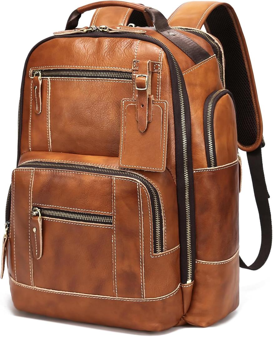 LANNSYNE Vintage Genuine Leather Backpack for Men, 15.6" Laptop Backpack Camping Travel 24L Rucksack (Yellow)