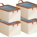 AARAINBOW 4 Pcs Closet Clothes Organizer with Handle, Fabric Storage Bins with Metal Frame Closet Shelf Storage Baskets Foldable Wardrobe Storage Box for Sweater Jeans, 20L (4 White)