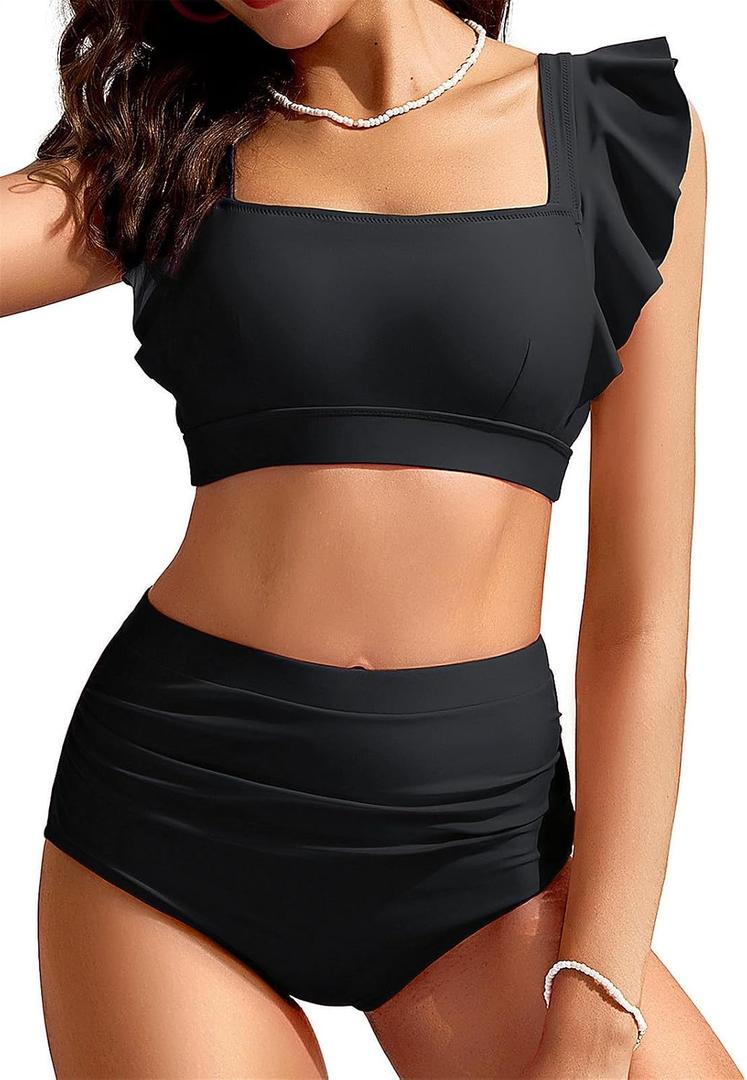 Kate Kasin Womens High Waisted Bikini Sets Ruffle Tummy Control Swimsuits Full Coverage Cheeky Two Piece Bathing Suit (Black, L)