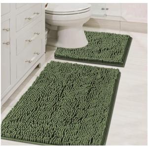 H.VERSAILTEX Bathroom Rugs Luxury Chenille Mat Set, Soft Plush Shower Rug + Toilet Mat, Microfiber Shaggy Carpet, Super Absorbent, Machine Washable (Curved Set, 32" x 20"/20" x 20", Loden)