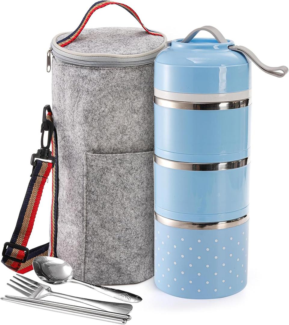Tebery Stackable Lunch Box Container, 3 Tier Portable Insulated Bento Food Snack Container with Bag Cutlery Set, Leak-Proof Box for Picnic Meals