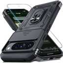 Janmitta Case Compatible with Google Pixel 10 Pro XL Built in Slide Camera Lens Cover+Screen Protector+Finger Ring Holder Kickstand,Heavy Duty Shockproof Full Body Protective Phone Cover,Black