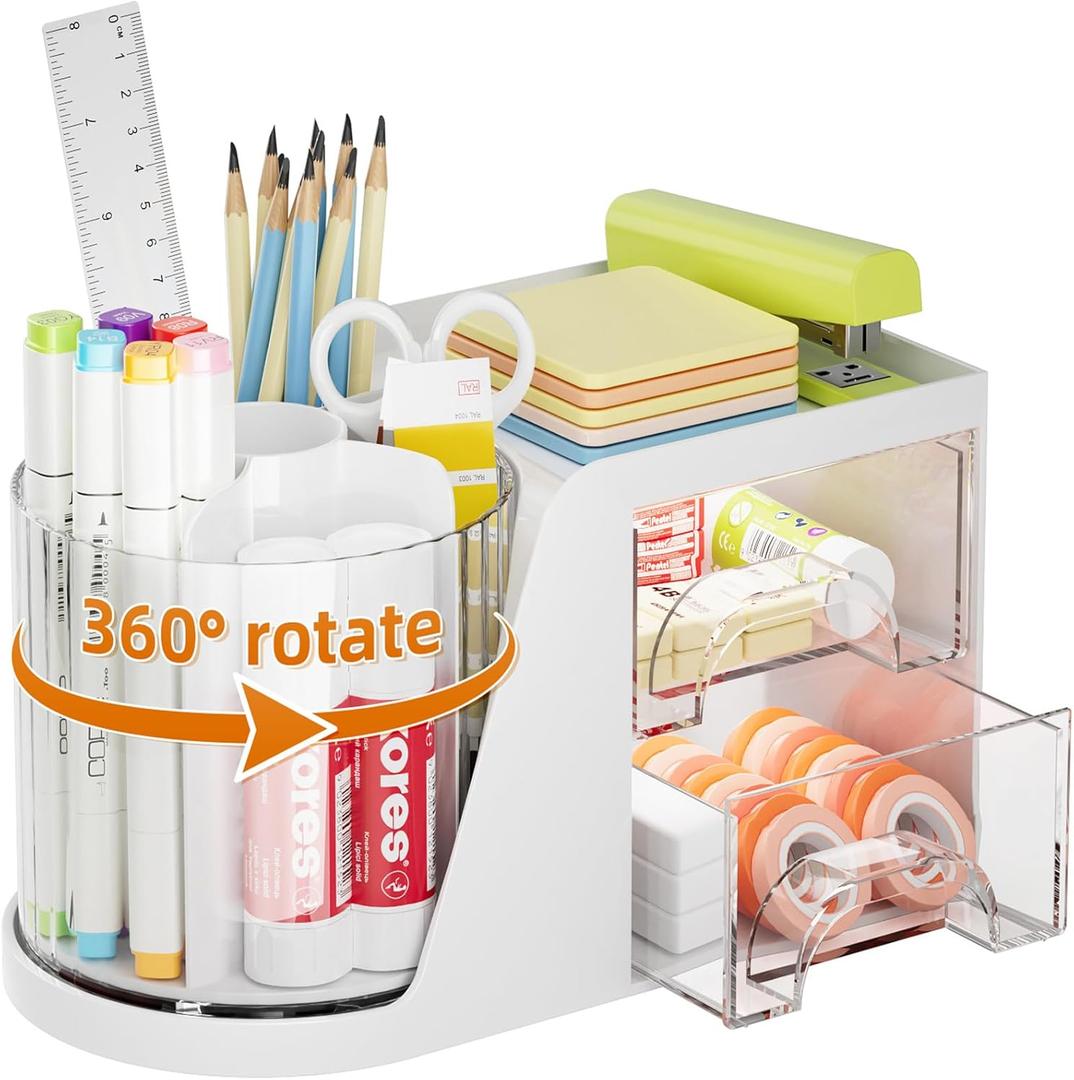 Marbrasse Desk Organizer with 2 Drawer, 360Rotating Pen Holder, Desk Organizers and Accessories with 6 Slots Pencil Organizer + 2 Drawer, Art Supply Storage Box Caddy for Office (White)