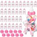 48 Pcs 4.7 Inches Baby Shower Bear Bottles Bulk Mini Clear Milk Plastic Bear Candy Bottles with Ribbon Artificial Roses for Baby Shower Favor Gift Newborn Party Decor(Pink)