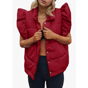 Tankaneo Womens Puffer Vest Ruffle Sleeveless Button Down Winter Warm Padded Gilet Coats, M