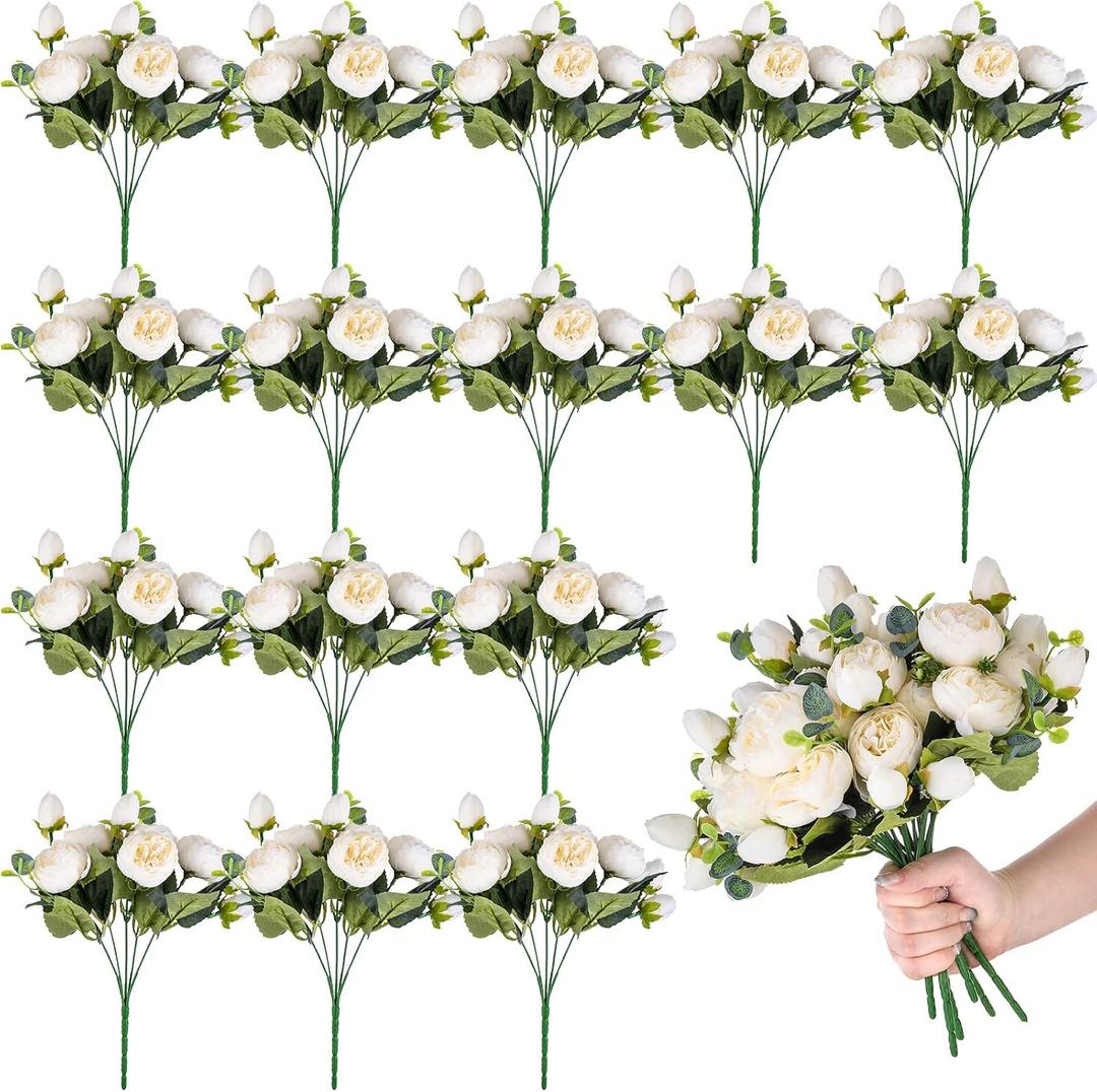 Yunlly 16 Packs Artificial Peony Flowers Faux Peonies Bouquet Silk Vintage Wedding Home Table Door Decor Reusable Bouquet Rose Flowers for Bridal Wedding Birthday Home(White,Peony)