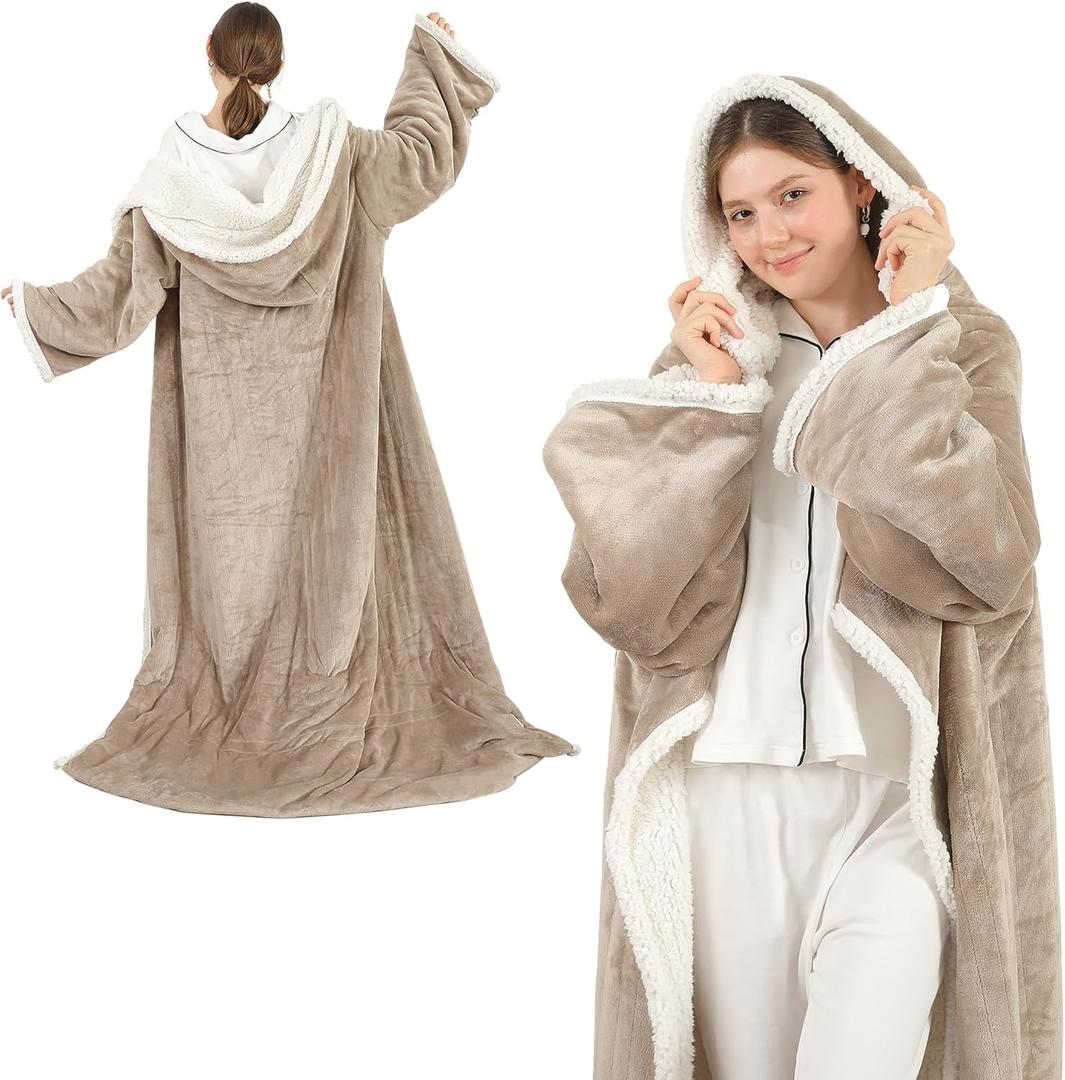 COZYTY Electric Snuggle Throw Blankets with Foot Pocket, Wearable Heated Throw with Sleeves & Hood, 6 Heat Levels & 1-4H Timer, Full Body Warmth, The Perfect Warming Gift for Women & Men, Camel (50"x70")