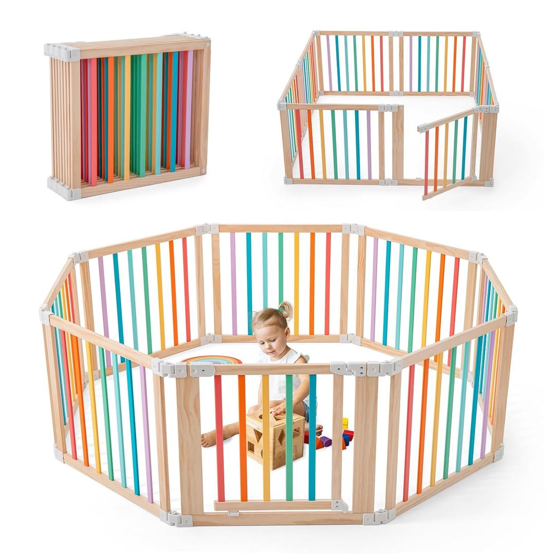 Baby Wooden Playpen, Foldable Shape & Size Adjustable Playpen for Toddler and Babies, Wood Baby Play Yard with Locking Gate, Large Pack and Play for Play Area Indoor(Multicolor, 8 Panel)