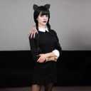 Women Wednesday Addams Wigs with Thing Hand Necklace and Headband Long Black Braided Wigs with Bangs for Halloween