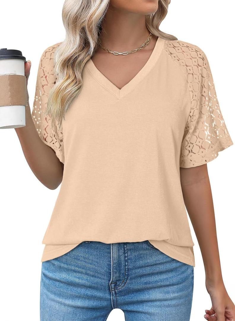 Dokotoo Womens Summer Short Sleeve Shirts Dressy Lace Tops 2026 Casual T-Shirts Cute Work Outfits Blouses (XL)