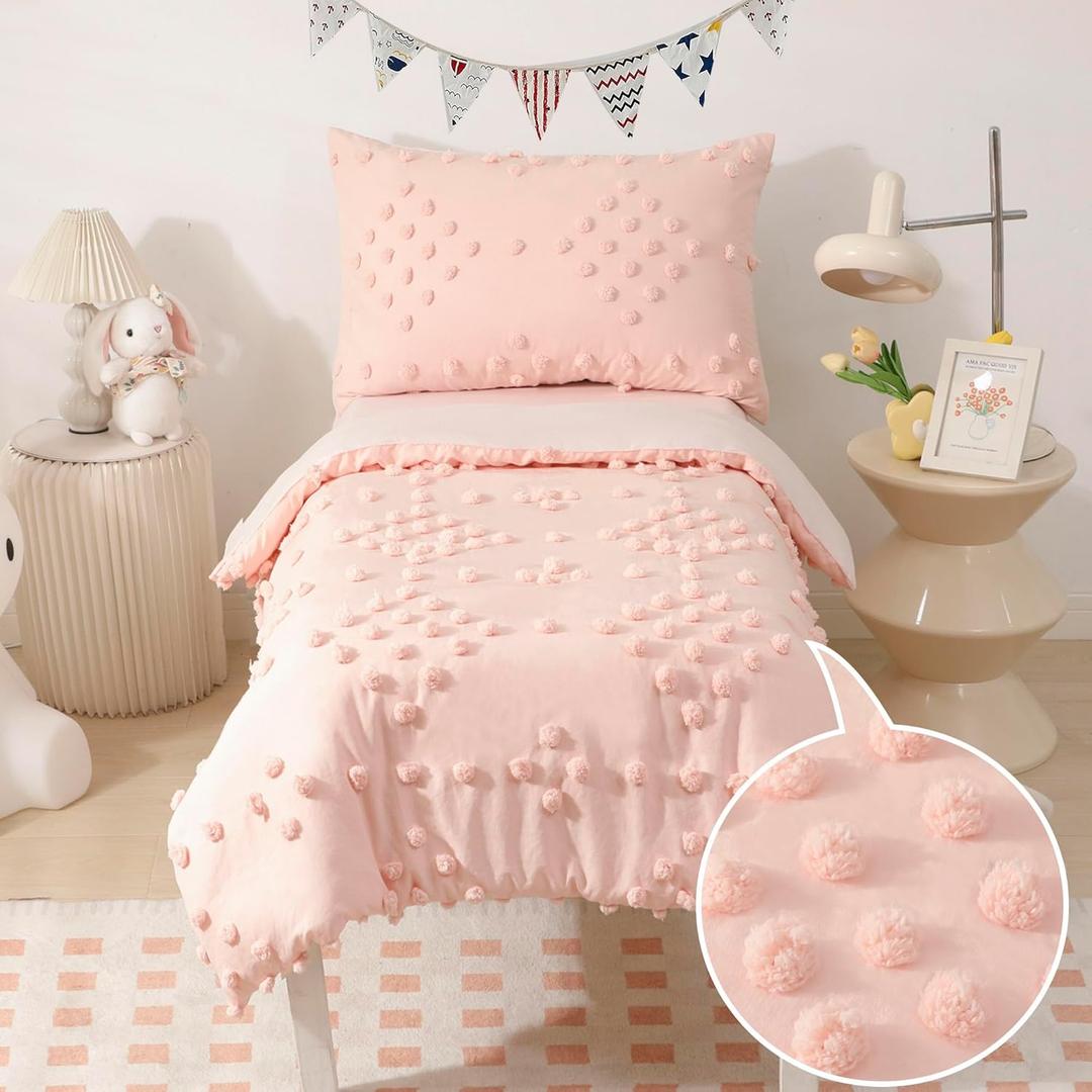 Toddler Bedding Set for Girls 4-Piece Pink Jacquard Pom Pom Tufts Bohemian Boho Tufted Dots Crib Toddler Comforter Set for Baby Kids Bed-in-a-Bag with Comforter, Flat Sheet, Fitted Sheet, Pillowcase