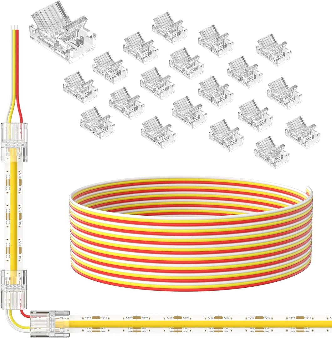 PAUTIX 10mm Connectors for 3-Pin CCT COB LED Strip Lights,20pcs Strip to Wire Connectors,10ft(305cm) Long 22AWG Extension 3 Wires for Non-Wired Gapless Solderless,5V 12V 24V LED Strip Lights Jumper