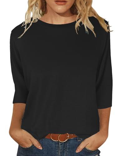JomeDesign Womens Tops Casual 3/4 Sleeve Tshirts Round Neck Loose Fit Blouses Black L