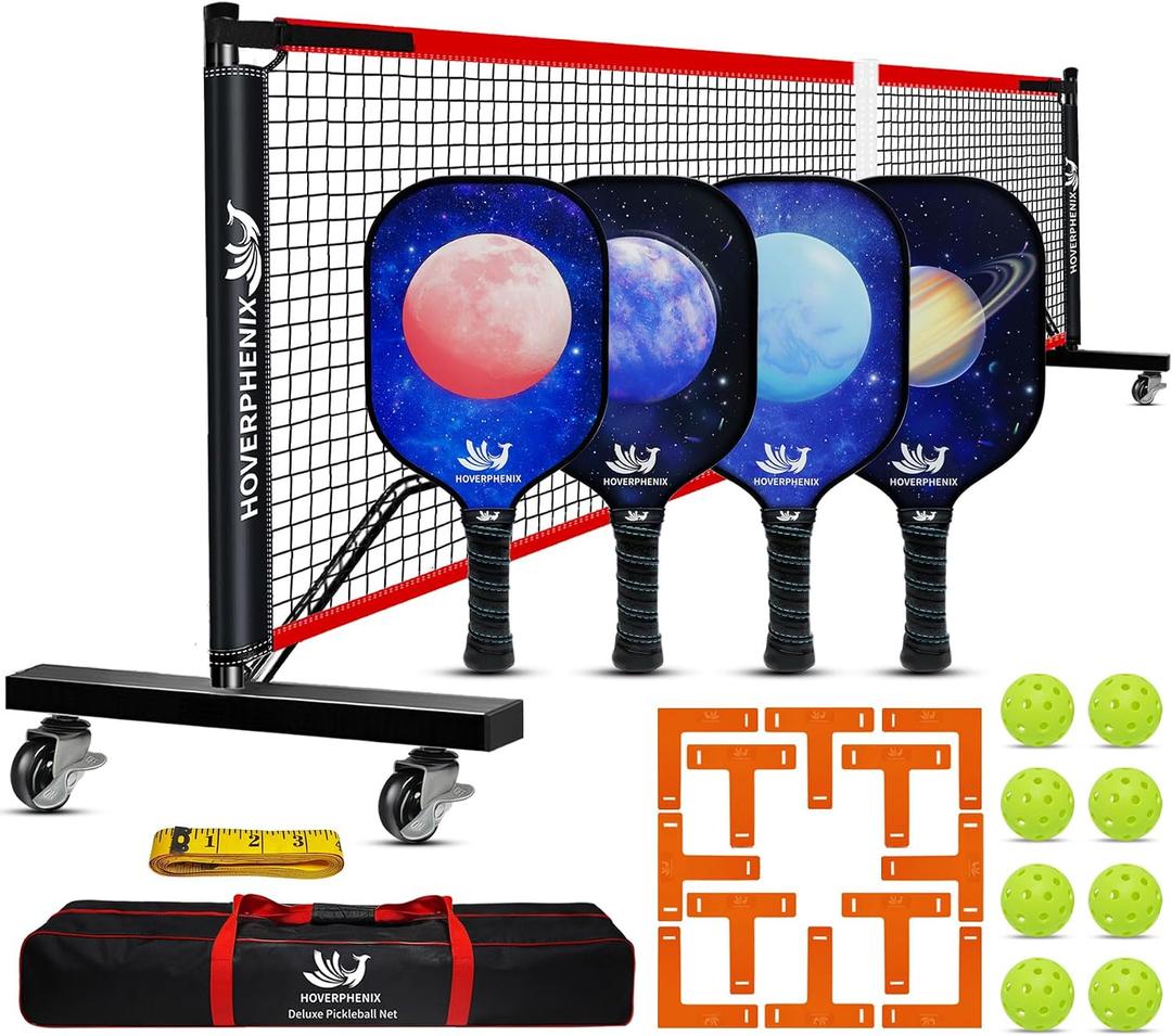 Hoverphenix Portable Pickleball Net Set, 22FT Regulation Size Pickle Ball Net with Paddle Set of 4, Pickleballs and Carry Bag, Easy Setup for Indoor Gym, Outdoor Court,Driveway, Backyard