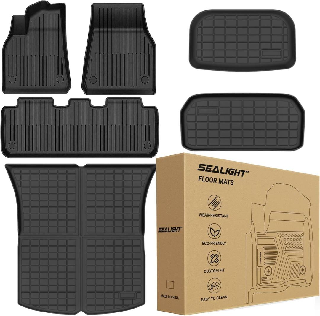 2020-2024 Tesla Model Y Floor Mats 5 Seater Full Set Made by SEALIGHT, All Weather Protection, Custom Fit, TPE, 3D Scanning Design, Non-Slip, Waterproof, Easy to Clean, Install, Remove