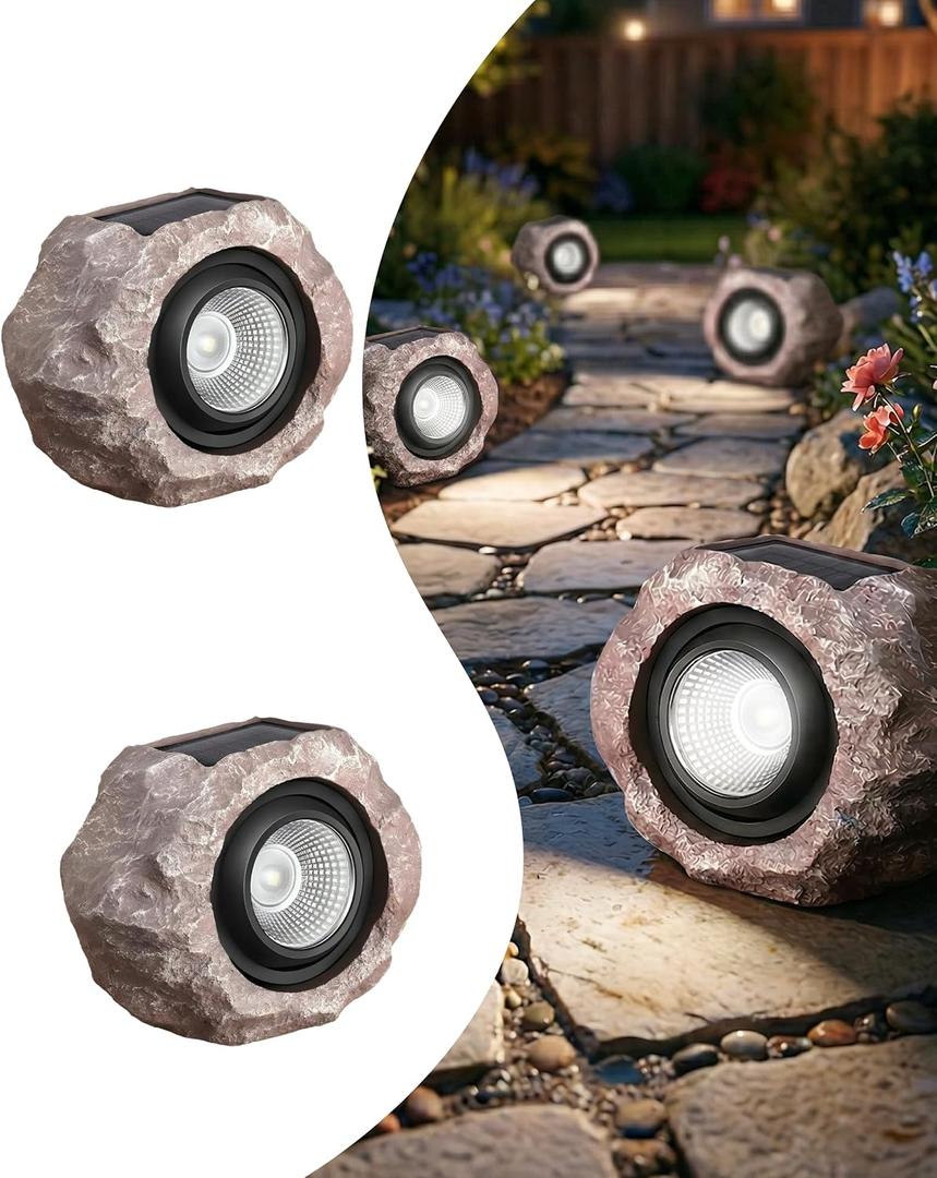 2 Pack Solar Rock Lights Outdoor, Angle Adjustable Solar Lights Outdoor Waterproof, LED Solar Garden Lights, Auto On/Off Landscape Lighting for Yard Pathway Patio Flower Bed - White Glow (Stone Brown)