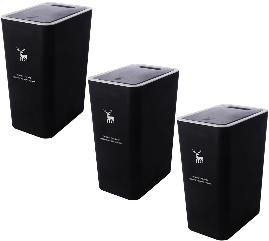 Sooyee 3 Pack Bathroom Trash Can with Lid 14L / 3.7 Gallon Slim Trash Can with Pop-Up Lid, Waste Basket for Bathroom,Powder Room,Bedroom,Kitchen,Craft Room,Office,Black