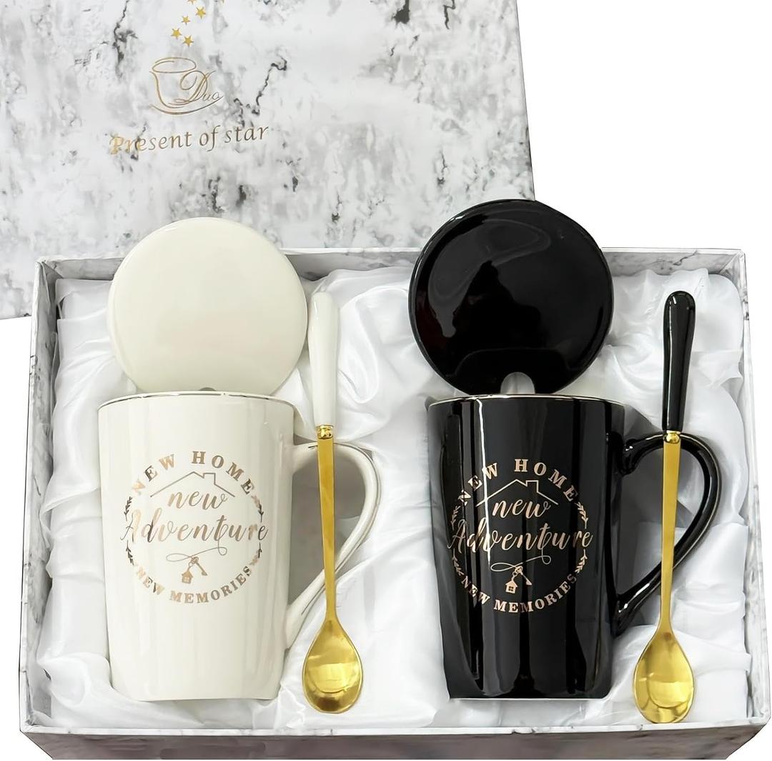 Housewarming Gifts New Home, Closing Gifts for Home Buyers, House Warming Coffee Mug for Men Women Couple Families Friends Coworkers, First House Present Ideas, Mugs Set 14oz (Black&White)
