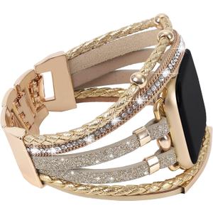 WONMILLE Posh Leather Bands Compatible with Apple Watch 41mm 40mm 38mm 45mm 44mm 42mm 49mm Women, Boho Bracelets Jewelry Multilayer Wrap Strap for iwatch Series Ultra 10 9 8 7 6 5 4 3 2 1 SE (Glitter Gold)