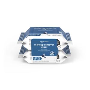 Amazon Basics Makeup Remover Wipes, Gentle Cleansing, Dermatologist Tested, Hydrating, Plant Based, Alcohol-Free, Removes Waterproof Mascara, 25 Count Per Pack, Pack of 2