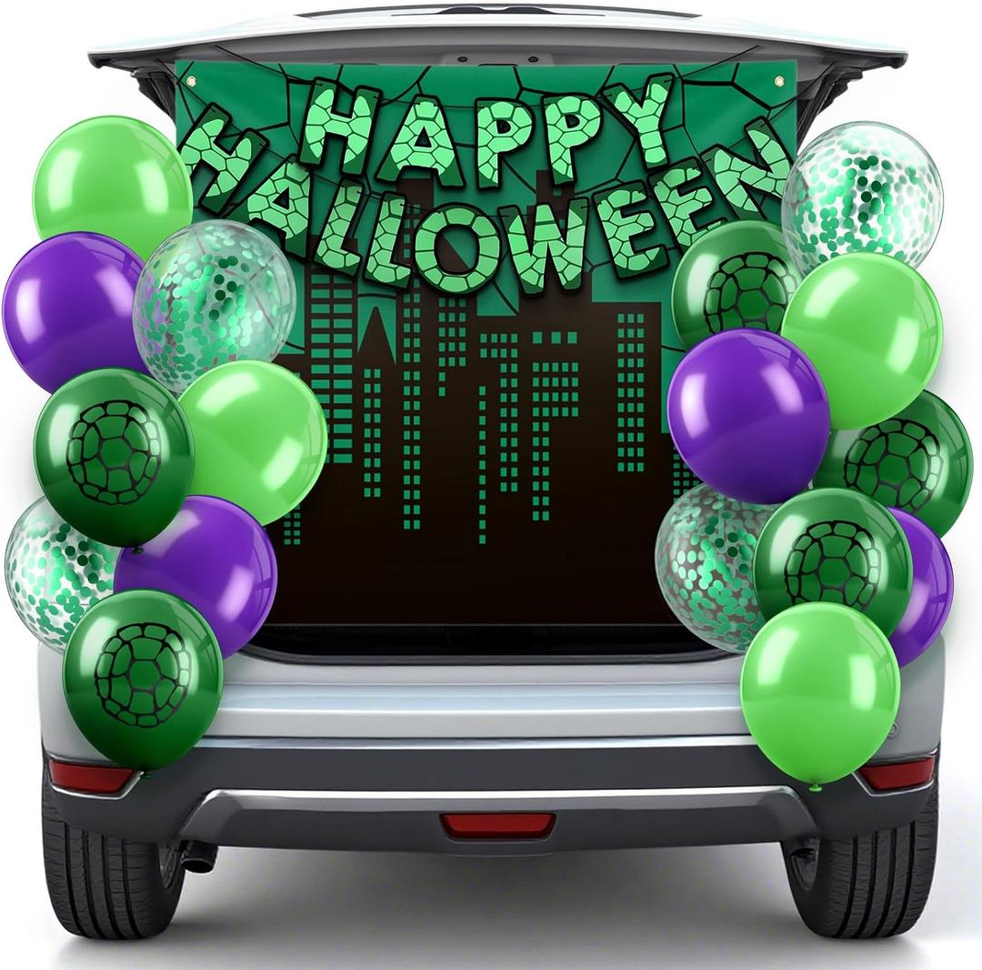 Civaner 19 Pcs Trunk or Treat Car Decorations Kit Happy Halloween Banner Green Turtle Themed Photography Backdrop Anime Theme Party Green Balloons Halloween Party Supplies for Photo Wall Door