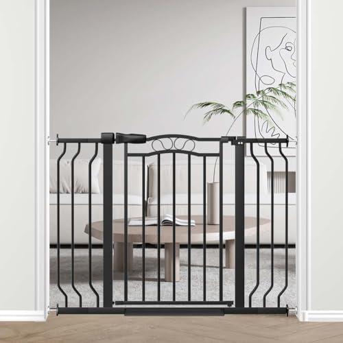 Fairy Baby 29.5"-43.7" Extra Wide Baby Gate for Stairs, Pressure Mounted Dog Gate for Doorways, Auto Close Metal Pet Gate with Arch Design for Puppy, No Drill Child Gate with Walk Thru Door, Black