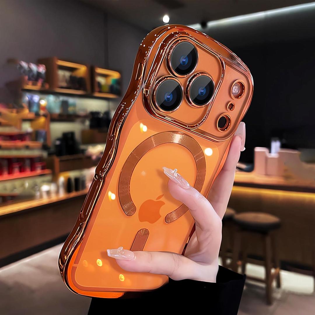 for iPhone 17 Pro Max Case Magnetic Compatible with MagSafe Upgraded [Full Camera Protection] Clear Shockproof Protective Slim Phone Case Cute Curly Wave Edge for iPhone 17 Pro Max,Orange