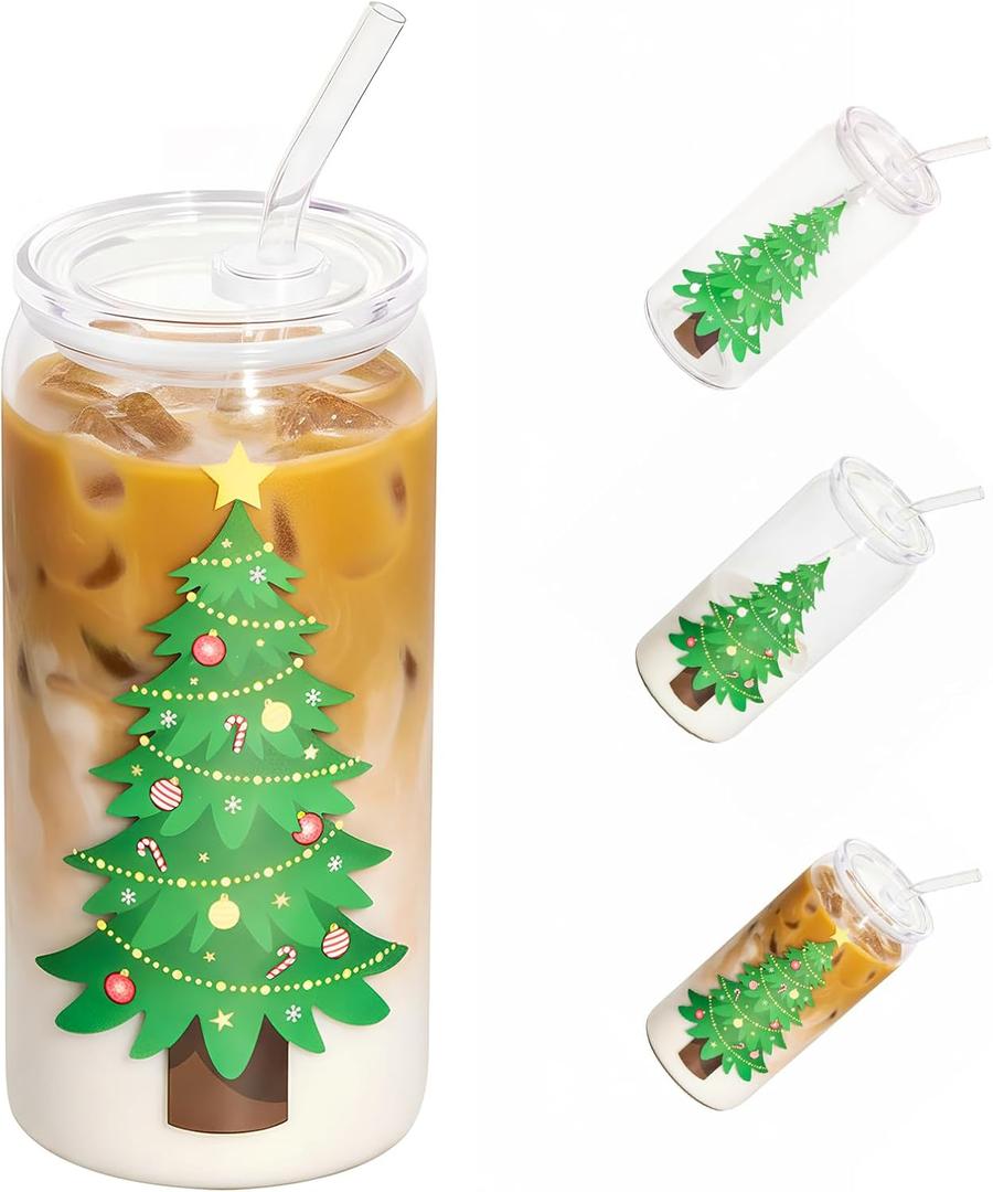 Christmas Gifts, 18oz Color Changing Christmas Glass Cups with Lids and Straw, Glass Tumbler Iced Coffee Drinks Cups for Holiday Party (1 Pack)
