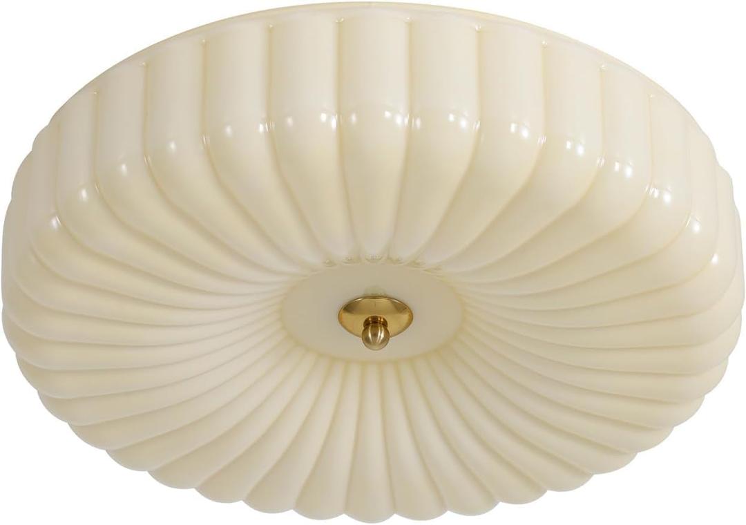 KCO Lighting Round Large LED Flush Mount Ceiling Light Yellow Ribbed Glass Flush Mount Light Mid Century Modern Bedroom Ceiling Lamp Unique Entryway Ceiling Light Fixtures
