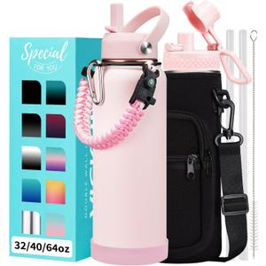 Pink 40 oz Insulated Water Bottle - with Straw Spout Lids, Triple Wall Stainless Steel Water Bottles Cold 48H Hot 24H, Wide Mouth Hydro Jug Metal Flask with Handle, Strap Carrier Bag for Women