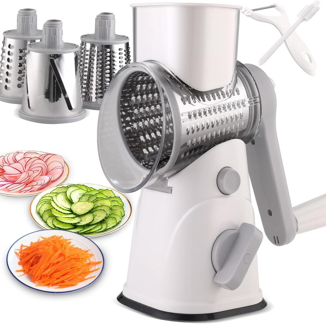 Rotary Cheese Grater Hand Crank, Kitchen Mandolin Vegetable Cheese Shredder with 3 Interchangeable Blades, Easy Clean Rotary Grater with Handle, Kitchen Grater Grinder for Cutting Cheese, Vegetable Nuts