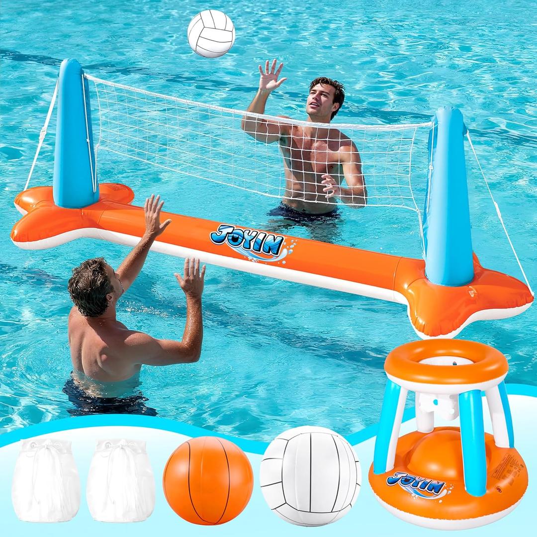 JOYIN Inflatable Pool Float Set Volleyball Net & Basketball Hoops, Floating Swimming Game Toy for Kids and Adults, Summer Floaties, Volleyball Court (105x28x38)|Basketball (27.6x23),L-Orange
