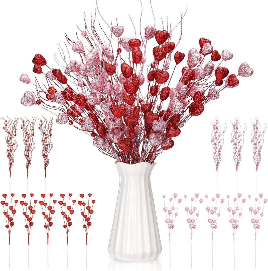 16 Pcs 17 Inch Valentine's Day Decorations Valentines Glitter Heart Picks Red and Pink Heart Foam Stems Valentines Tree Ornaments for Tree Topper Wedding Anniversary Vase Decor